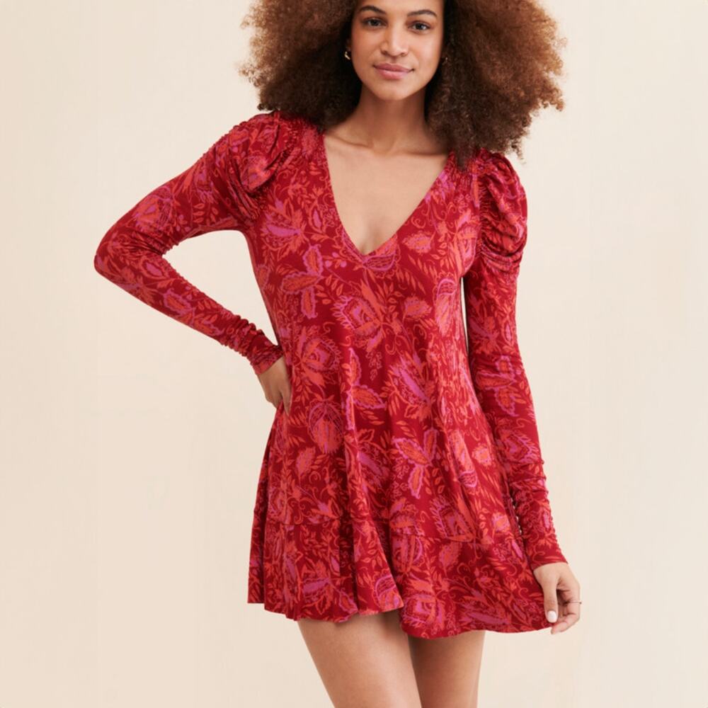 Free People Hello Lover Red Pink Long Sleeve Tunic Swing Dress Size Medium